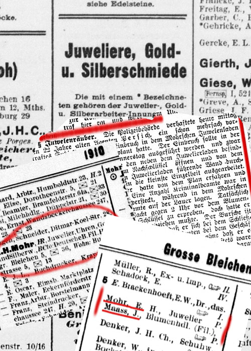 Ausschnitte Zeitung und Adressbuch Hamburg 1910 Juwelier Mohr und Blumenladen Maass in den Grosse Bleichen