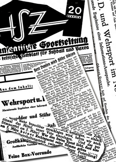 Die Hanseatische Sportzeitung, darüber gelegt der Artikel Hermann Okrass gegen Duysen